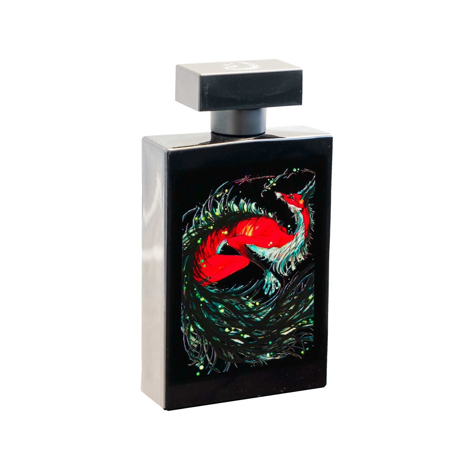Perfume bottle with a colorful fox design on a black background